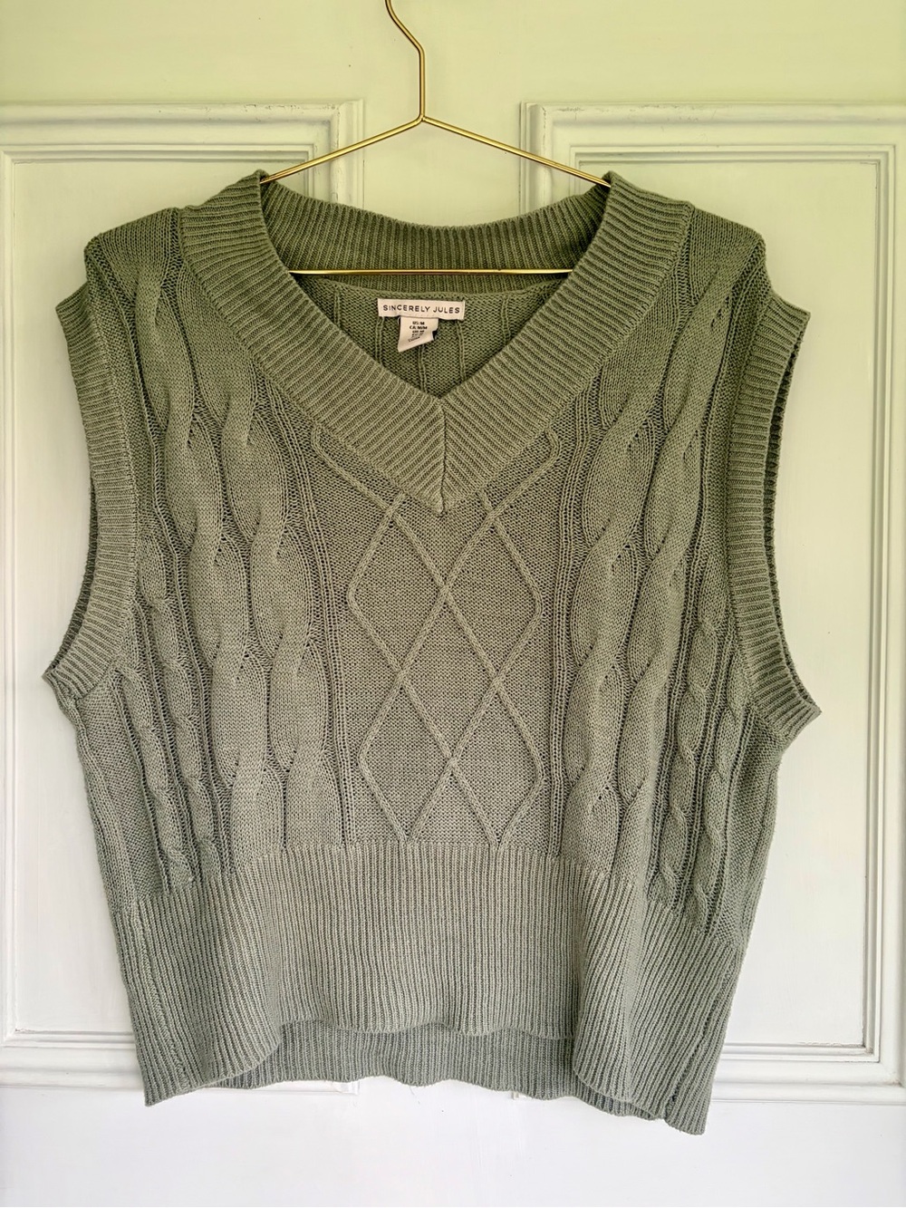 Sincerly Jules Sage Green Cable Knit V-Neck Sweater Vest